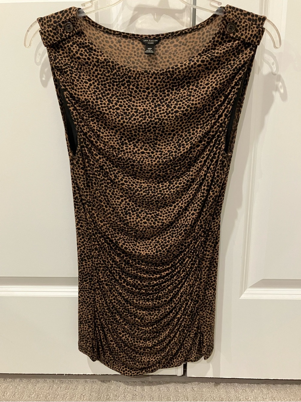 Ann Taylor Petite MP Boat Neck Leopard Print Ruched TENCEL Sleeveless Top